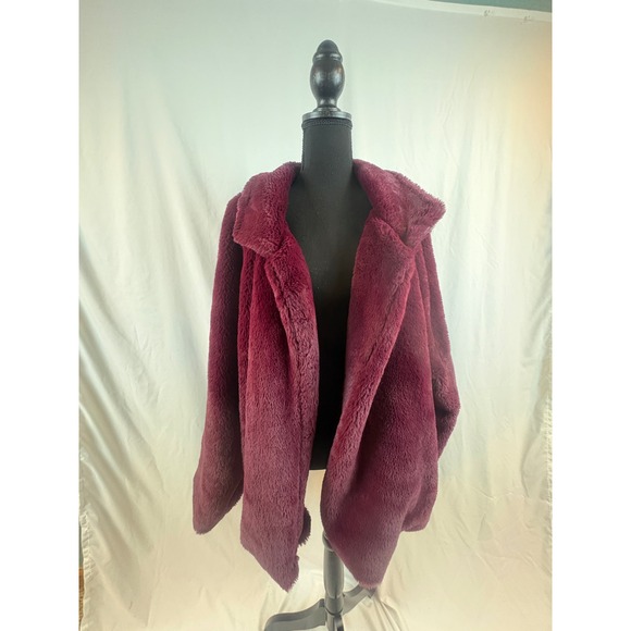 Burgundy Faux Fur Teddy Coat Oversized Notched Lapel Open Front Jacket Wine Red - Picture 4 of 13